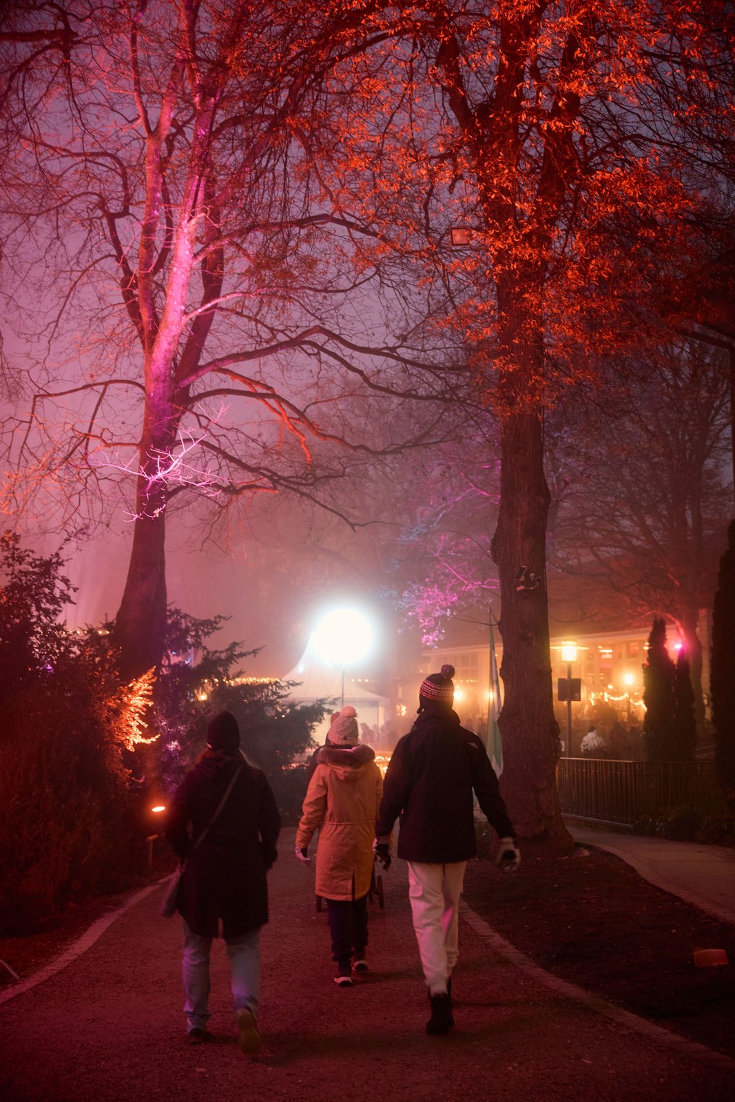 Winter im Park Garmisch-Partenkirchen: Besucher gehen abends unter rot beleuchteten Bäumen im Nebel spazieren